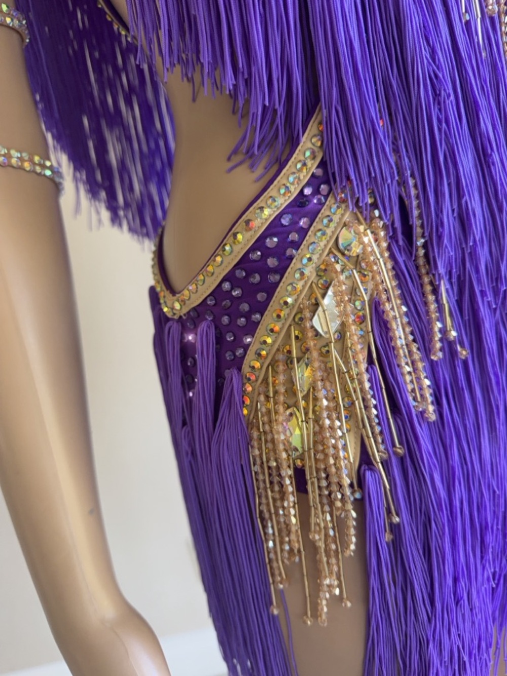 Purple Fringe & Gold Rhinestones Sequin Latin Dance Dress - Picture 5 of 10